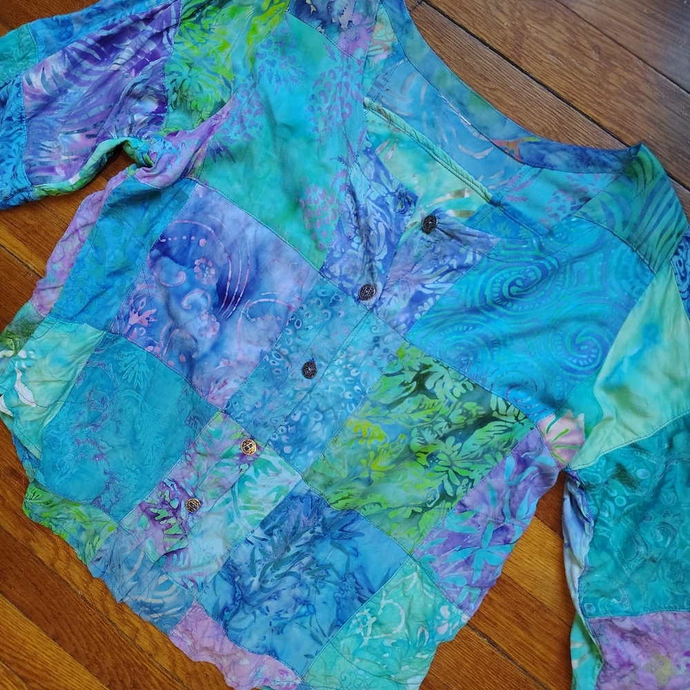 Vintage 90s Blue Batik Patchwork Button-Up Long-S… - image 5